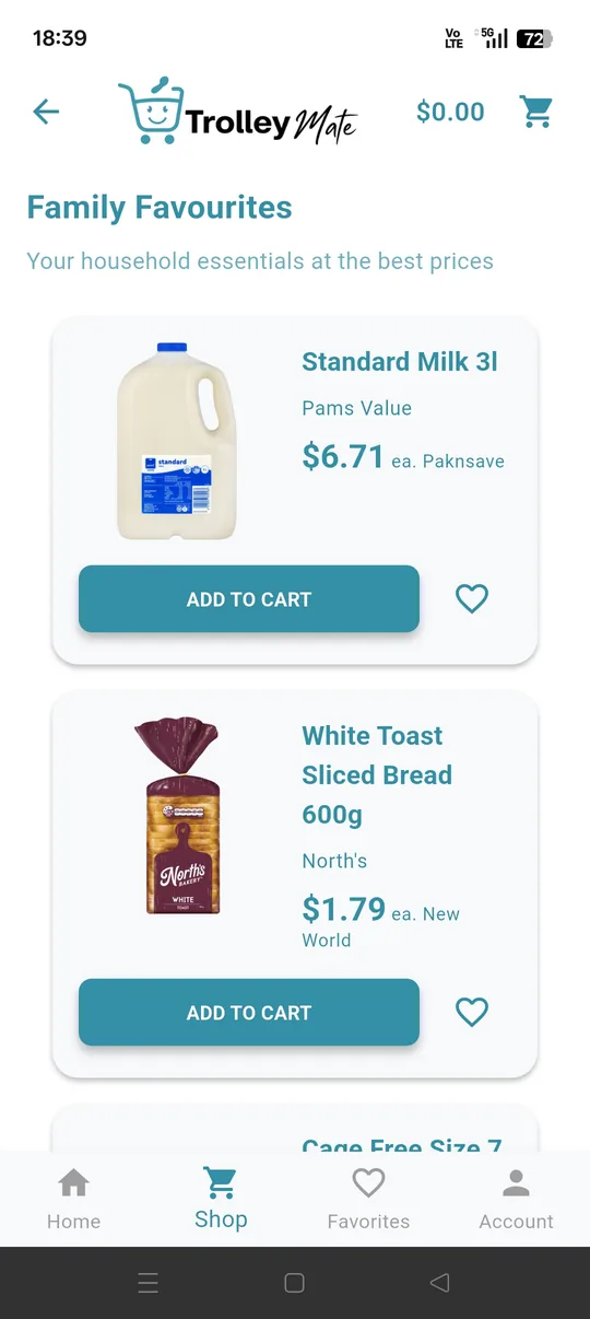 Family Favourites screen showing household essentials with add-to-cart actions