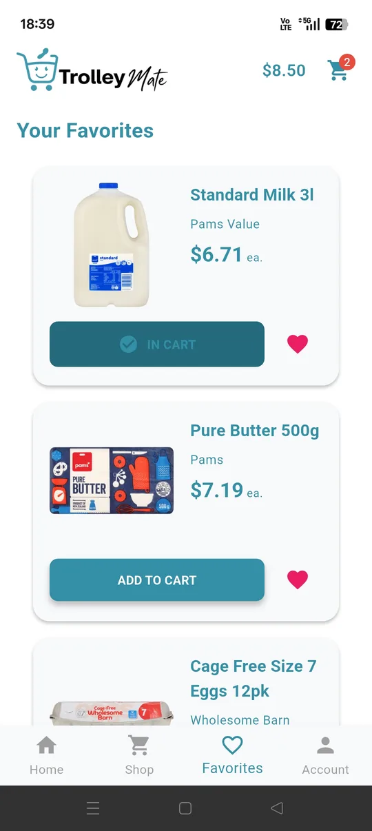 Your Favourites screen with saved products and quick add-to-cart buttons