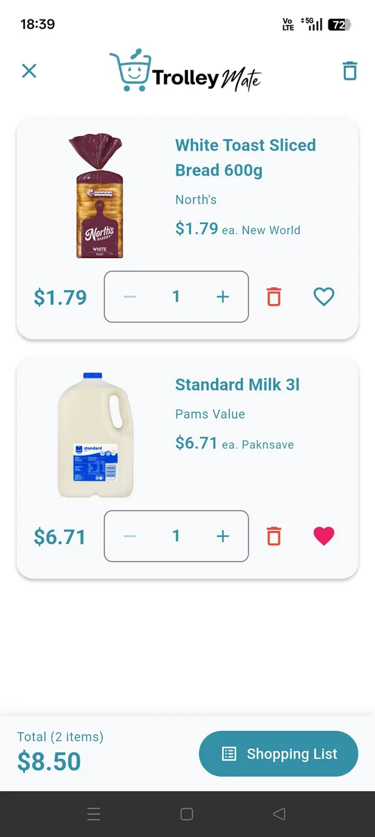 Cart screen showing item totals, quantity controls, and shopping list action