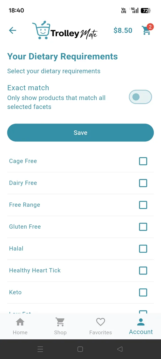 Dietary requirements screen with filter toggles and preference checklist