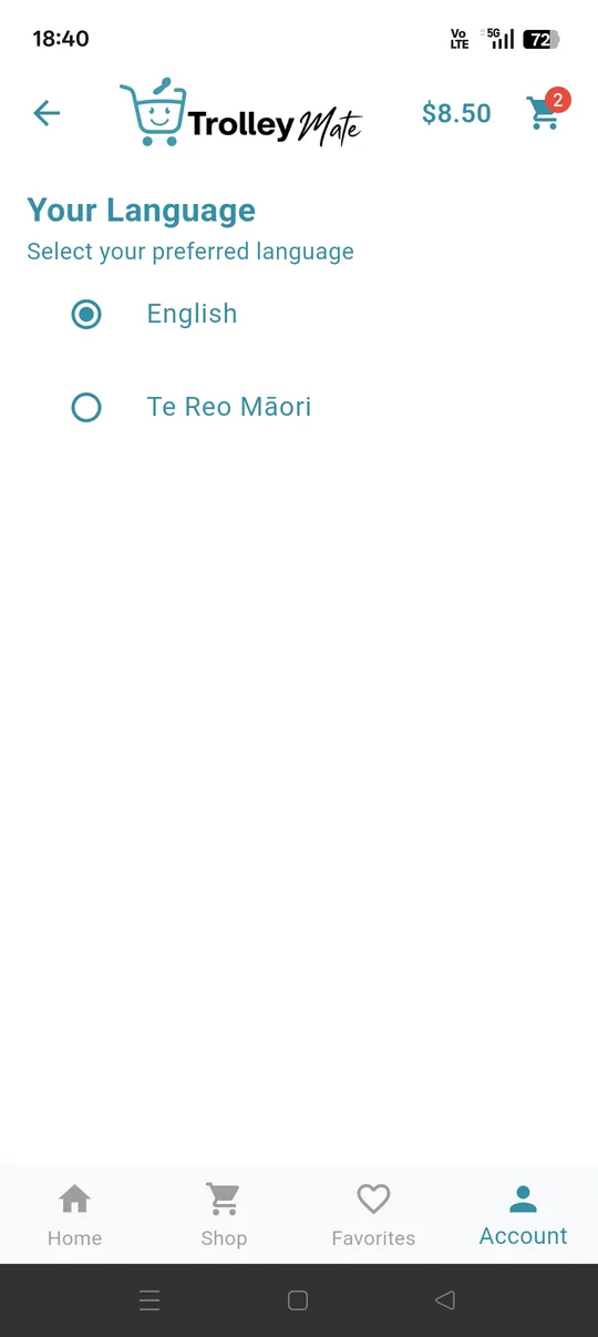 Language settings screen with English and Te Reo MÄori options